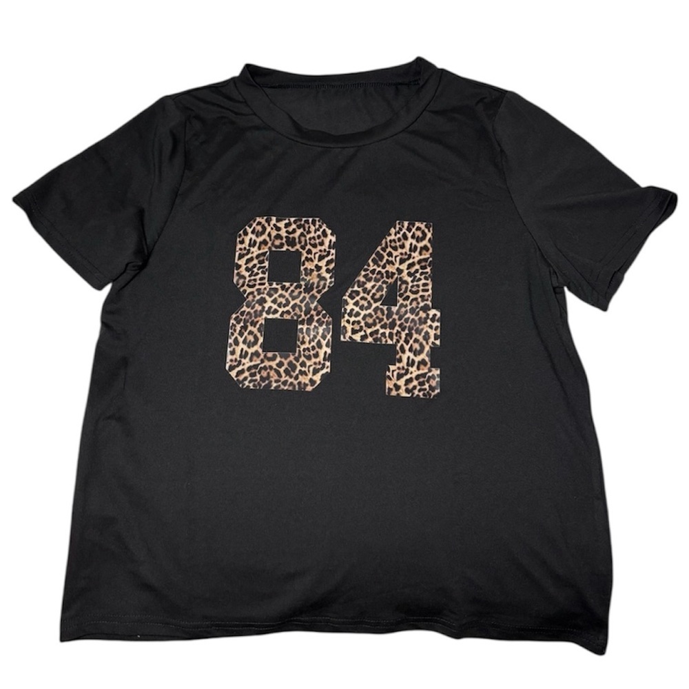 🎒BTS SALE📚 SHEIN Teen Girl Black w/ Leopard Print ‘84’ Short Sleeve Casual Tee